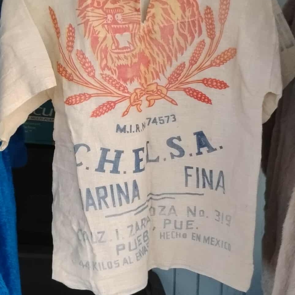 Vintage Handmade In Mexico Cream and Blue Short Sleeve Tee with Vintage Graphic